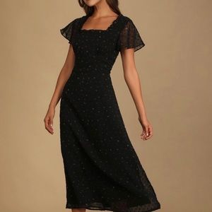 Lulu’s So Kiss Me Black Floral Print Swiss Dot Maxi Dress